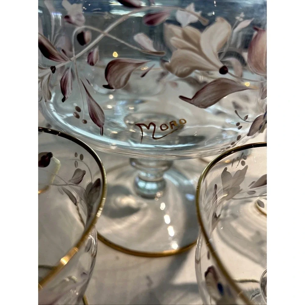 VTG MORO Signed Murano Hand Painted Gold Rim Trifle Compote and Dessert Cups COA